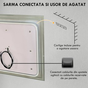 Kleankin Oglindă LED pentru Baie cu Rama din Aluminiu, 3 Temperaturi de Culoare, Memorie, 90x70cm | Aosom Romania