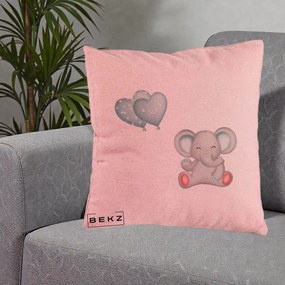 Perna Decorativa, Model Elefant si baloane in forma de inimioare, 40x40 cm, Roz, Husa Detasabila, Perna Inclusa, BEKZ®