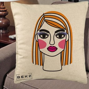 Perna Decorativa Portret Pop Art Fata, 40x40 cm, Bej, Husa Detasabila, Perna Inclusa, BEKZ®