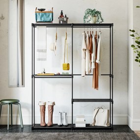 HOMCOM Dulap de Haine cu 2 Bare și 4 Rafturi, din Material Non-Țesut, Plastic și Oțel, 142x43x185 cm, Negru | Aosom Romania