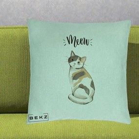 Perna Personalizata Pisica Meow Acuarela, 40x40 cm, Verde Menta, Husa Detasabila, Perna Inclusa, BEKZ®