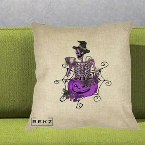 Perna Decorativa Schelet Vrajitor cu Dovleac Violet Halloween, 40x40 cm, Crem, Husa Detasabila, Perna Inclusa, BEKZ®