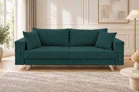 Canapea extensibilă Rosalia din stofă, verde, picioare argintii, cu ladă de depozitare