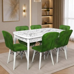 Set masa extensibila cu 6 scaune tapitate Homs cristal  alb-verde 170 x 80 cm