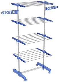 HOMCOM Suport Vertical de Uscare, Suport Pliabil de Uscare cu 6 Roți și 4 Rafturi Reglabile, 142x55x172 cm, Alb și Argintiu | Aosom Romania