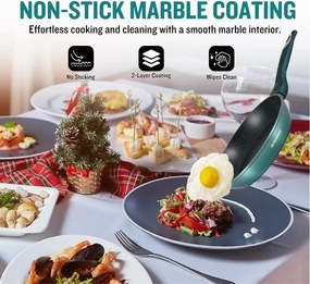 Set oale si tigai Herzberg HG-METBL15, 15 piese, Aluminiu 3003, Acoperire marmura, Capace din sticla, Inductie, Verde albastru