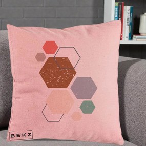 Perna Decorativa Geometric Hexagoane Multicolor, 40x40 cm, Roz, Husa Detasabila, Perna Inclusa, BEKZ®
