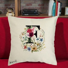Cadou Personalizat - Perna Personalizata Monogram Litera F cu Flori Acuarela, 40x40 cm, Ecru, Husa Detasabila, Perna Inclusa, BEKZ®