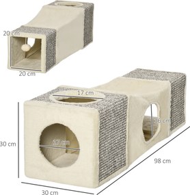 PawHut Tunel Pliabil pentru Pisici cu Căsuțe și Zgârâietori, Jucării cu Minge de Pluș și Sisal, 98x30x30 cm, Alb Crem | Aosom Romania