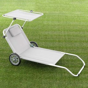 Șezlong de grădină pliabil cu roți și copertină, gri