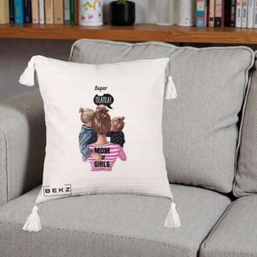 Cadou pentru Mama - Perna Personalizata Super Mama Mom of Girls, 40x40 cm, Bej cu Franjuri, Husa Detasabila, Perna Inclusa, BEKZ®