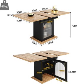Masă de dining extensibilă cu 3 rafturi și uși din sticlă, 110-140x80x76 cm, Negru