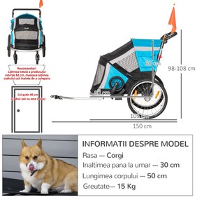 PawHut Remorcă Bicicletă pentru Câini, Pliabilă, 2 în 1, Siguranță Maximă, 150x82x98/108 cm, Albastru | Aosom Romania