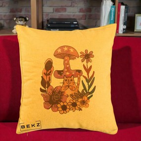 Perna Decorativa Ciuperca Pisica Boho, 40x40 cm, Galben, Husa Detasabila, Perna Inclusa, BEKZ®