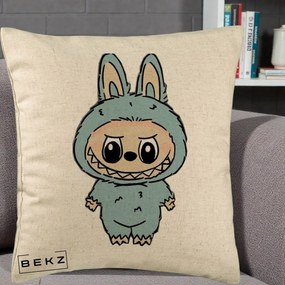 Perna Personalizata Labubu Albastru-Gri Solo, 40x40 cm, Bej, Husa Detasabila, Perna Inclusa, BEKZ®