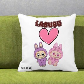 Perna Personalizata Labubu Cuplu Inima, 40x40 cm, Alba Mata, Husa Detasabila, Perna Inclusa, BEKZ®