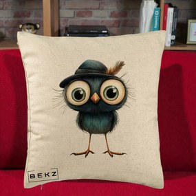 Perna Decorativa Pui Misterios cu Palarie Neagra, 40x40 cm, Bej, Husa Detasabila, Perna Inclusa, BEKZ®