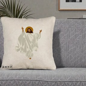 Perna Decorativa Iisus Hristos Invierea Silueta Minimalista, 40x40 cm, Bej Canapea, Husa Detasabila, Perna Inclusa, BEKZ®