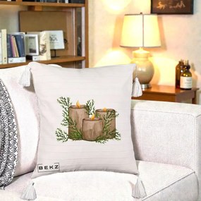 Perna Decorativa Lumanari Rustice cu Crengute Brad, 40x40 cm, Bej cu Franjuri, Husa Detasabila, Perna Inclusa, BEKZ®