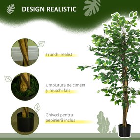 HOMCOM Ficus artificial cu ghiveci de 5 ft, planta artificiala de interior, exterior, pentru decorarea camerei de zi, biroului