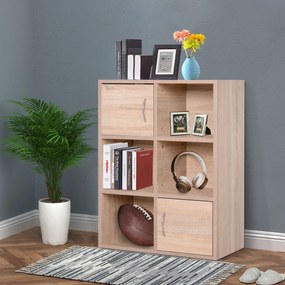 Homcom Librarie cu 3 Rafturi, 4 Compartimente si 2 Usi Basculante din Lemn Natural 61.5x29.5x80cm