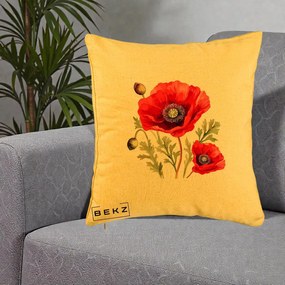 Perna Decorativa Maci Rosii Acuarela, 40x40 cm, Galben, Husa Detasabila, Perna Inclusa, BEKZ®