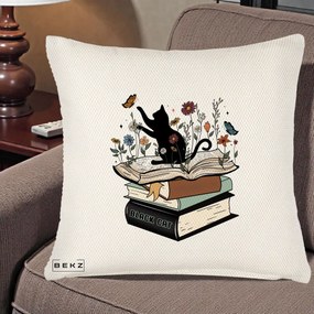 Perna Personalizata Pisica Neagra Carti Flori Fluturi, 40x40 cm, Crem Reliefat, Husa Detasabila, Perna Inclusa, BEKZ®