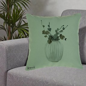 Perna Decorativa Vaza cu Eucalipt Watercolor, 40x40 cm, Verde, Husa Detasabila, Perna Inclusa, BEKZ®