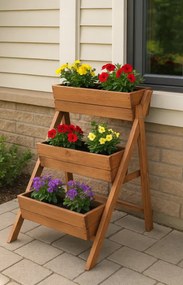 Suport de flori din lemn Vas de flori cu 3 niveluri din lemn natural