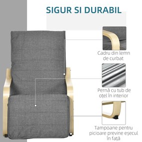 HOMCOM Fotoliu Relax cu Suport picioare pe 5 Niveluri si Tetiera, Fotoliu Ergonomic din Lemn de Mesteacan si Tesut, Gri