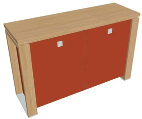 Dulap mic Verno+ S 140 x 46 x 90 cm, uși de sticlă, stejar deschis / portocaliu