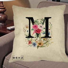Cadou Personalizat - Perna Personalizata Monogram Litera M cu Flori Acuarela, 40x40 cm, Crem, Husa Detasabila, Perna Inclusa, BEKZ®