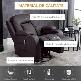 HOMCOM Fotoliu cu Masaj și Încălzire, Fotoliu Rabatabil din Piele Artificială cu 8 Puncte de Masaj și Telecomandă, 85x94x104 cm, Maro | Aosom Romania