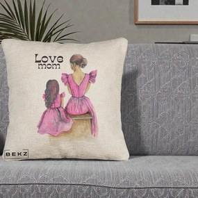 Cadou pentru Mama - Perna Personalizata Love Mom Rochii Roz, 40x40 cm, Bej Canapea, Husa Detasabila, Perna Inclusa, BEKZ®
