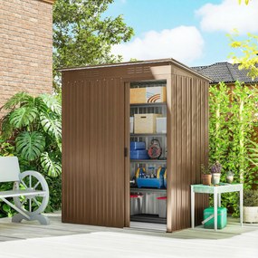 Outsunny Căsuță de Grădină 1.37m² din Metal, Montaj Ușor, Căsuță pentru Unelte de Grădină cu Orificii de Aerisire, Ușă Glisantă, Acoperiș Înclinat și Mănuși, 159x106x181 cm, Maro | Aosom Romania