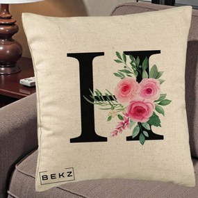 Cadou Personalizat - Perna Personalizata Monograma Florala Litera H cu Trandafiri Roz, 40x40 cm, Bej, Husa Detasabila, Perna Inclusa, BEKZ®
