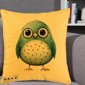 Perna Decorativa Pasare Teal cu Buline Teal, 40x40 cm, Galben, Husa Detasabila, Perna Inclusa, BEKZ®