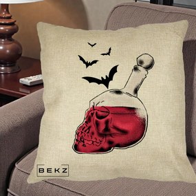 Perna Decorativa Halloween Craniu-Sticla cu Lilieci, 40x40 cm, Crem, Husa Detasabila, Perna Inclusa, BEKZ®
