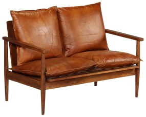 Canapea cu 2 locuri, piele naturală cu lemn de acacia, maro