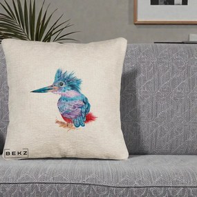 Perna Decorativa Pasare Martin Pescar Acuarela Albastru-Mov, 40x40 cm, Bej Canapea, Husa Detasabila, Perna Inclusa, BEKZ®