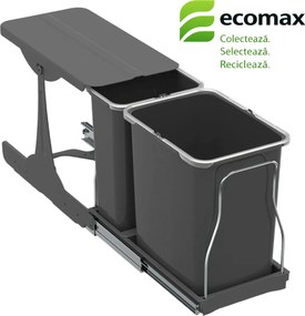 Cos gunoi incorporabil Patty 30 Ecomax, colectare selectiva, gri antracit, 16 l + 8 l Polipropilena, L:236 mm; H:360 mm; A:470 mm, 400 mm, Gri