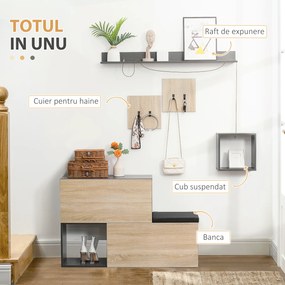 HOMCOM Organizator pentru Hol cu Bancă pentru Pantofi și Cuier, Design Modern cu Suport pentru Haine și Raft, Gri și Natural | Aosom Romania