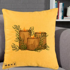 Perna Decorativa Lumanari Rustice cu Crengute Brad, 40x40 cm, Galben, Husa Detasabila, Perna Inclusa, BEKZ®