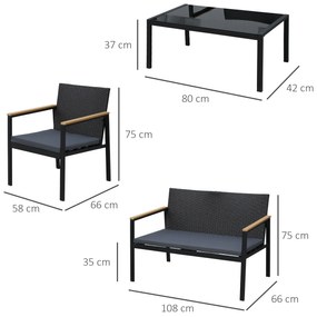 Outsunny Set Mobilier de Grădină din Ratan din 2 Scaune cu Brațe pentru Terasă, Bancă și Masă de Cafea, 80x42x37 cm, Negru | Aosom Romania