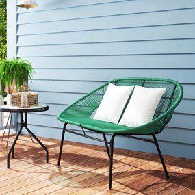 Outsunny Bancă de Grădină 2 Locuri din Răchită PE, Canapea de Exterior cu Perne, Cotiere și Cadru din Oțel, Bancă pentru Terasă și Curte, 132x72x83 cm, Verde Închis | Aosom Romania