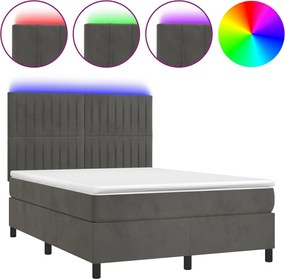 vidaXL Pat cu arcuri, saltea și LED, gri închis, 140x190 cm, catifea