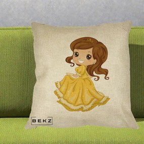 Perna Decorativa Printesa Bella Rochie Aurie, 40x40 cm, Crem, Husa Detasabila, Perna Inclusa, BEKZ®