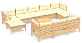 3097145 vidaXL Set mobilier grădină cu perne crem, 11 piese, lemn masiv de pin