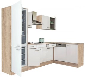 Mobilă de bucătărie de colț Yorki 280, corp din stejar Sonoma, față alb satinat, frigider sub blat