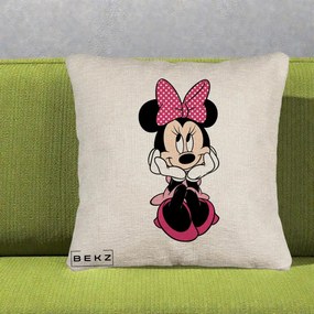 Perna Personalizata Minnie Mouse cu Fundita, 40x40 cm, Bej Canapea, Husa Detasabila, Perna Inclusa, BEKZ®